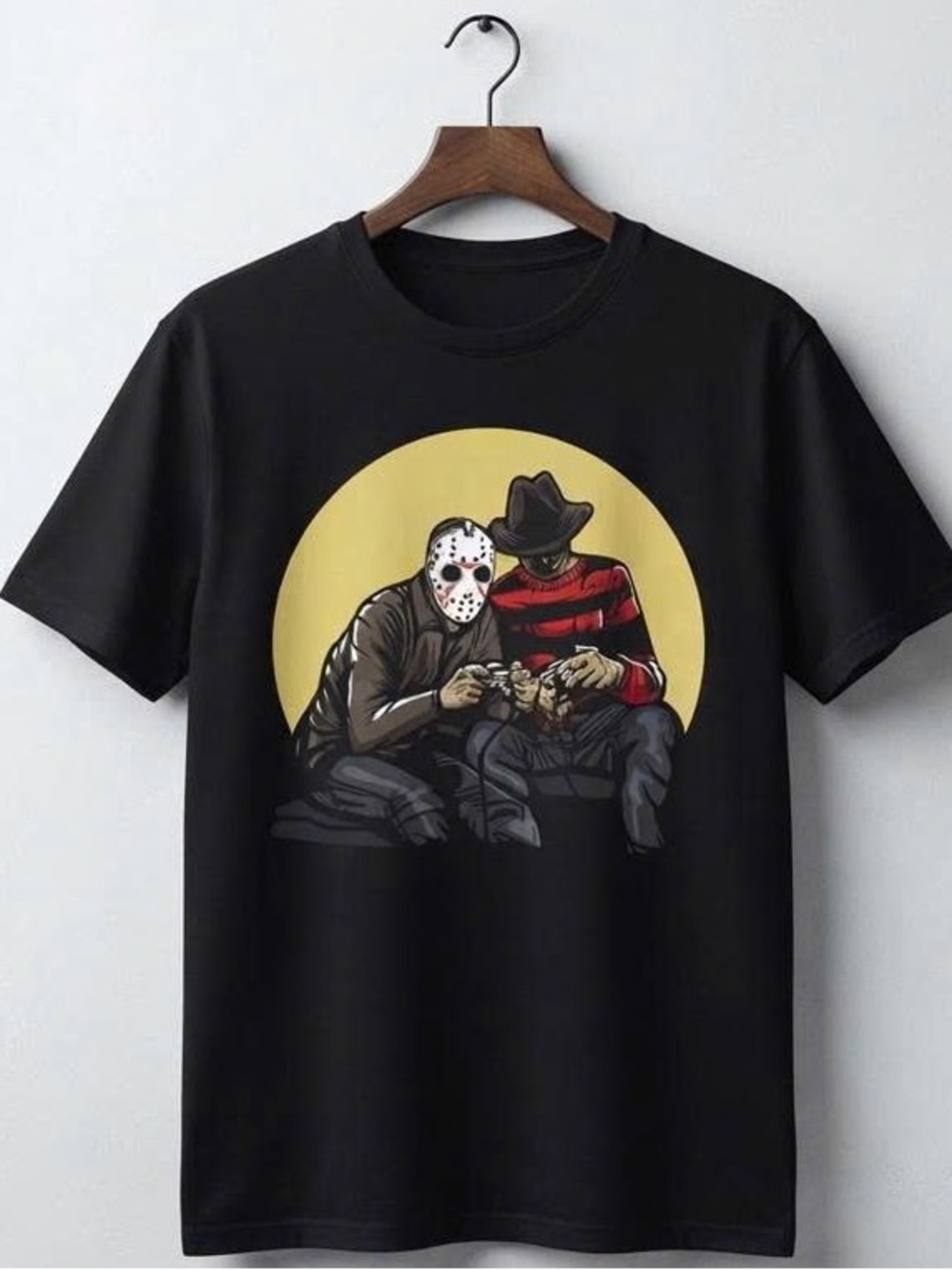 Black Short-Sleeve Tee with Yellow & Red Horror Duo Graphic